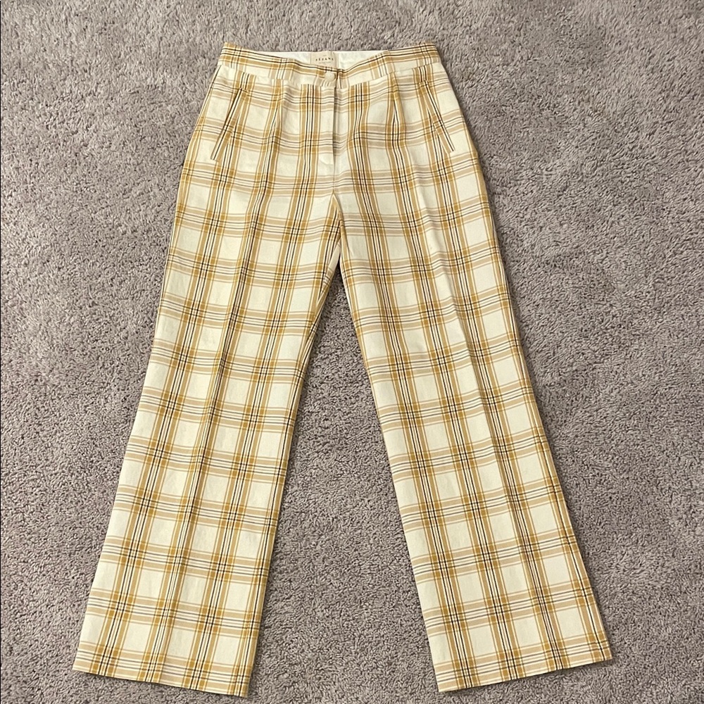 Sezane Yellow and White Plaid Women's Trousers
